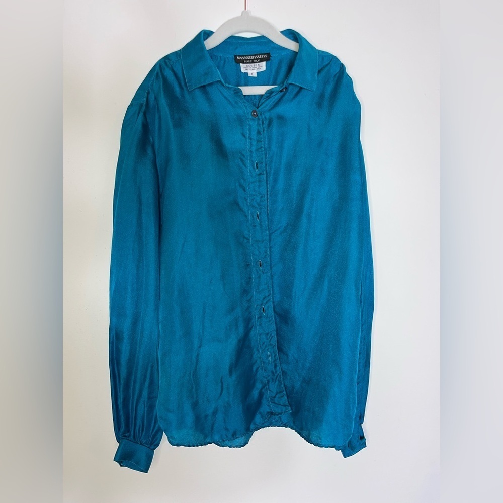 Vintage SSSSS 100% Silk Button-Up Blouse Emerald Teal VTG Womens Sz 8 Modern S - Picture 4 of 6
